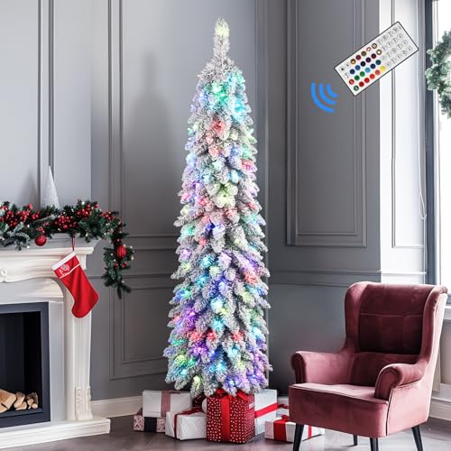 Alupssuc 3FT Pre-Lit Snow Flocked Pencil Christmas Tree with Remote Controlled Multi-Color RGB Lights, 161 Branch Tips, 80 PreLit Multi-Color RGB Lights, for Holiday Office Home Party Decor 3 FT -  CHANGZHOU JUTAI ELECTRONIC CO.,LTD, AL-24 3.5ft FZMG Flock RGB +UL Remote