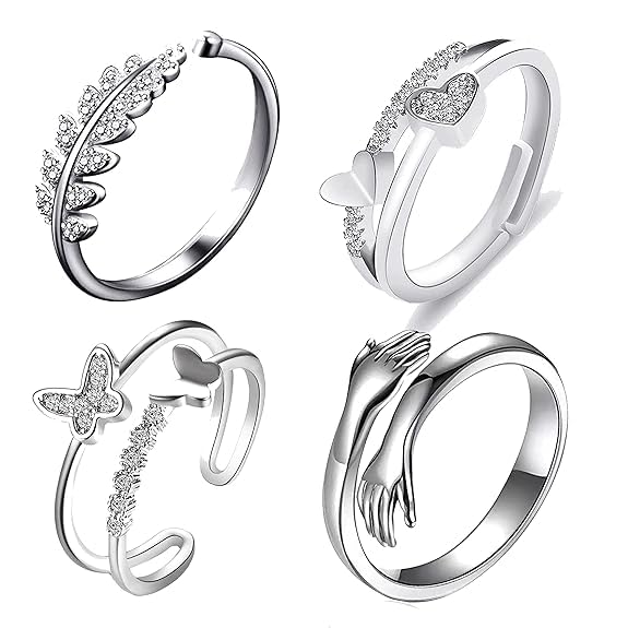 Silver Plated Ring with Heart, Hug, Leaf & Butterfly Patern (Set of 4) - Adjustable Stainless Steel Rings for Women-image-37