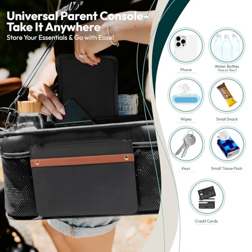 Image of WONDERFOLD Universal Parent Console Stroller Organizer with Insulated Cup Holders, Hook & Loop Closure Handle Attachment, 2 Storage Pockets, Removable Shoulder Strap for Easy Transport