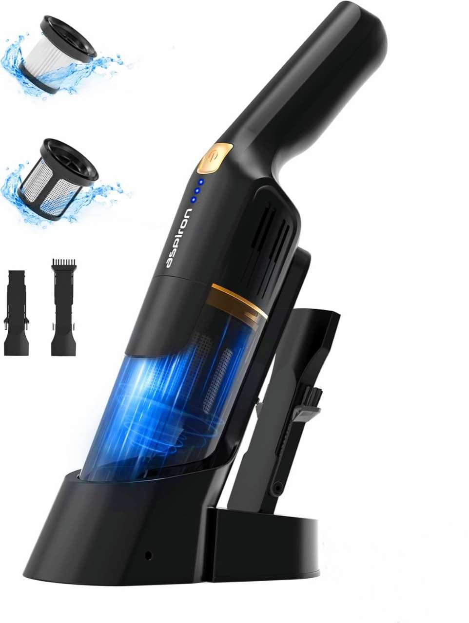 Aspiron Cordless Handheld Vacuum, 24KPA Powerful Car Vacuum, 2-Speed, 2 Charging Methods, Wireless Charger, Ergonomic Handle, Portable Rechargeable Vacuum Cleaner for Car, Home, Black Gold