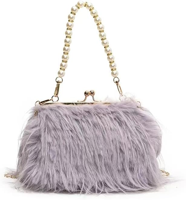 Women Pearl Ostrich Feather Tote Bag Fluffy Purse Clutch Feather Evening Handbag for Wedding Party (6) - Image 3