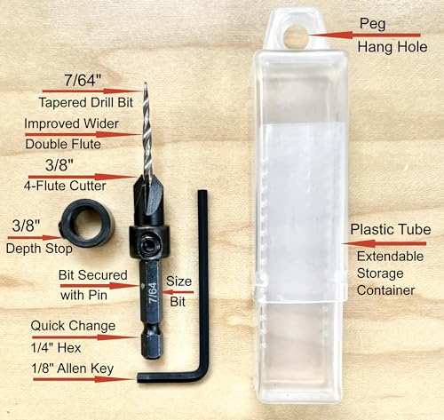 Image of FTG USA #4 (7 /64 inch) Tapered Wood Countersink Drill Bit w / 3 /8 inch Collar & Case | Adjustable 3 /8 inch depth stop collar helps control hole depth. Includes sharp tapered countersink bit and storage case