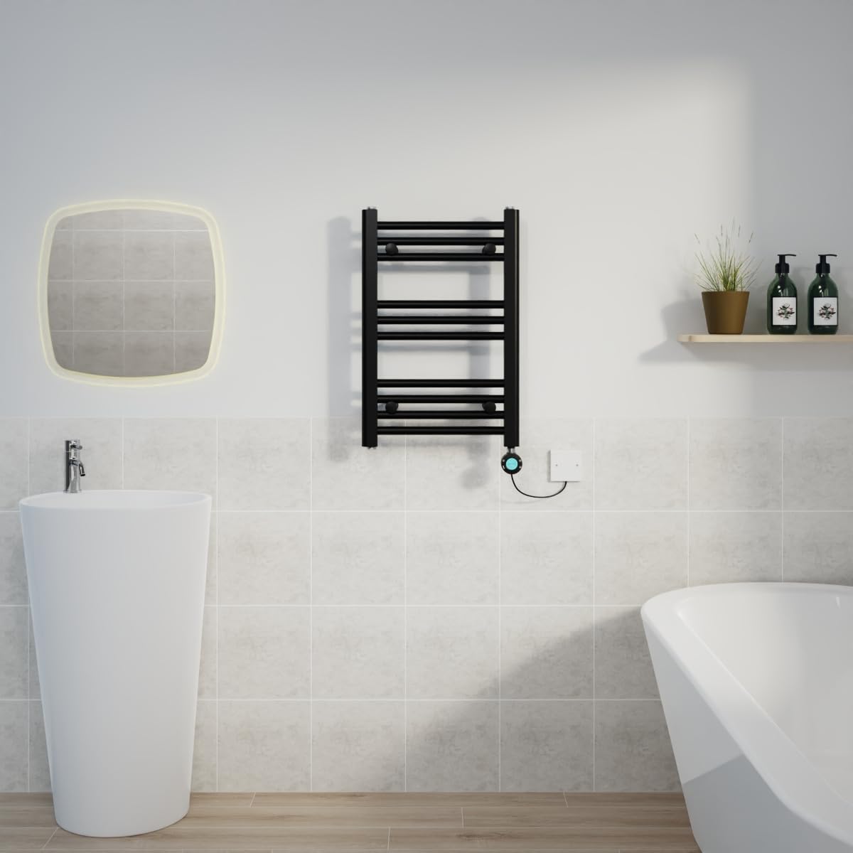 Warmehaus Black Electric Heated Towel Rail Straight Thermostatic Bathroom Towel Radiator With Timer - 600X400mm 200W