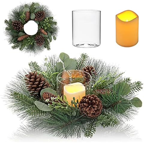 Christmas Wreath, 18"/46cm Artificial Advent Wreath for Table Centerpieces with Flameless LED Candle, Glass Holder, Xmas Ornaments for Christmas Decoration or Front Door Home Wall Window Hanging Cover