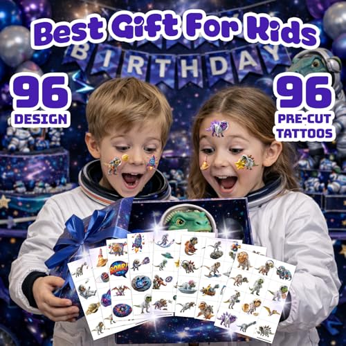 Image of 96PCS Kids Temporary Tattoos - Realistic 3D Cosmic Space Dinosaur | | Astronaut Pre-Cut Fake Tattoos for Boys Girls | Birthday Party Favors, Galaxy Theme Decorations & School Gifts