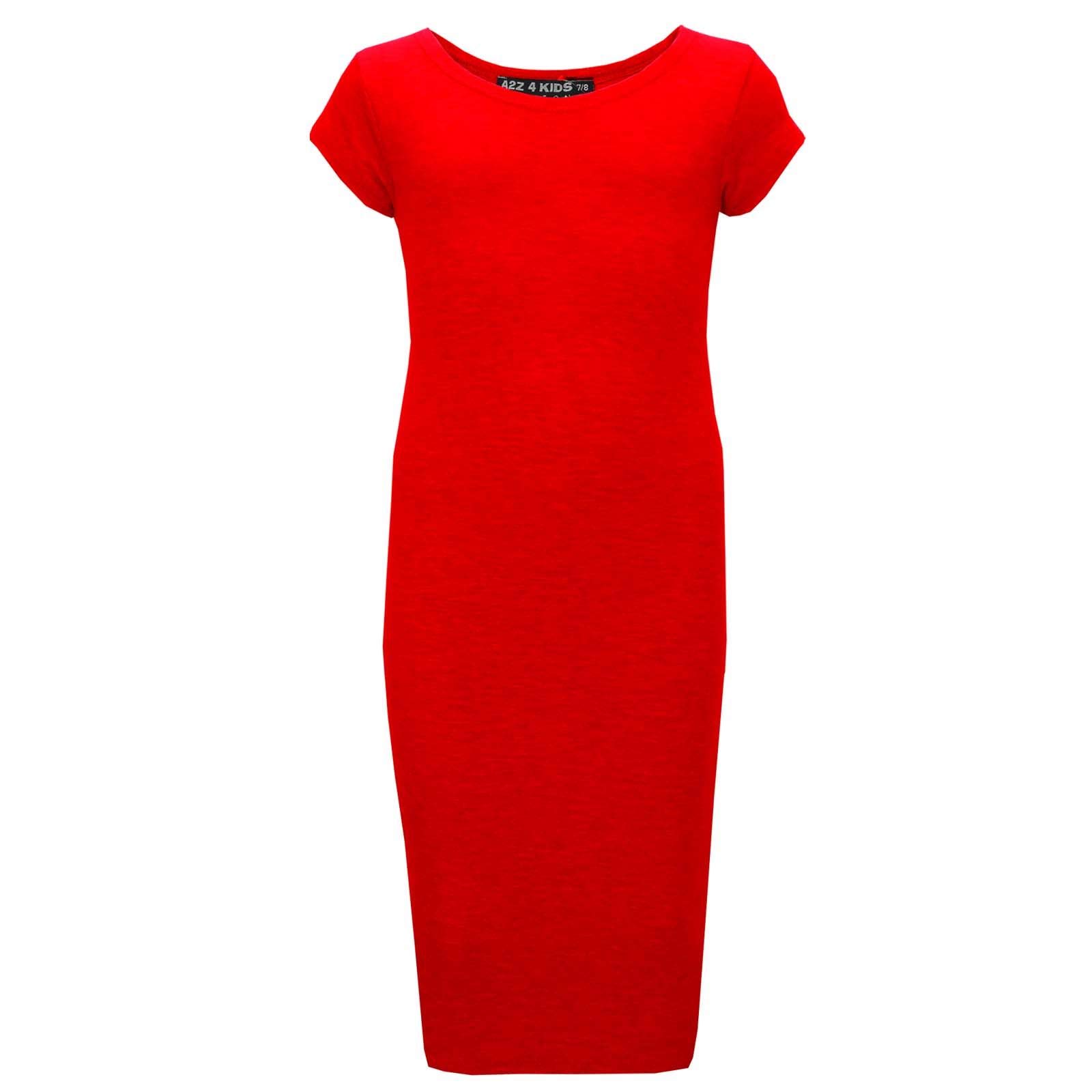 A2Z 4 Kids Girls Dresses Plain Short Sleeves Cap Slim Fit Stretch Bodycon Midi Maxi Comfortable Summer Party Fashion Dress Top Age 5-13 Years Red