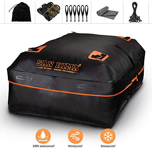 SANHIMA Rooftop Cargo Carrier Bag - 20 Cubic Feet Waterproof Cargo Carrier with Anti-Slip Mat + 2 Reinforced Straps + 4 Bungee Cords + 6 Door Hooks for All Vehicle with/ Without Rack & Truck Bed