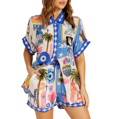 WUMODA Women's Print 2 Piece Lounge Outfits Button Down Shirt