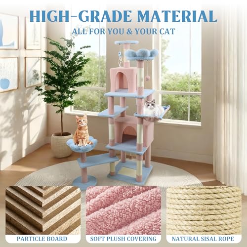 Montary Torre para Gatos de 71 Pulgadas Multi-Nivel Azul y Rosa miniatura 4