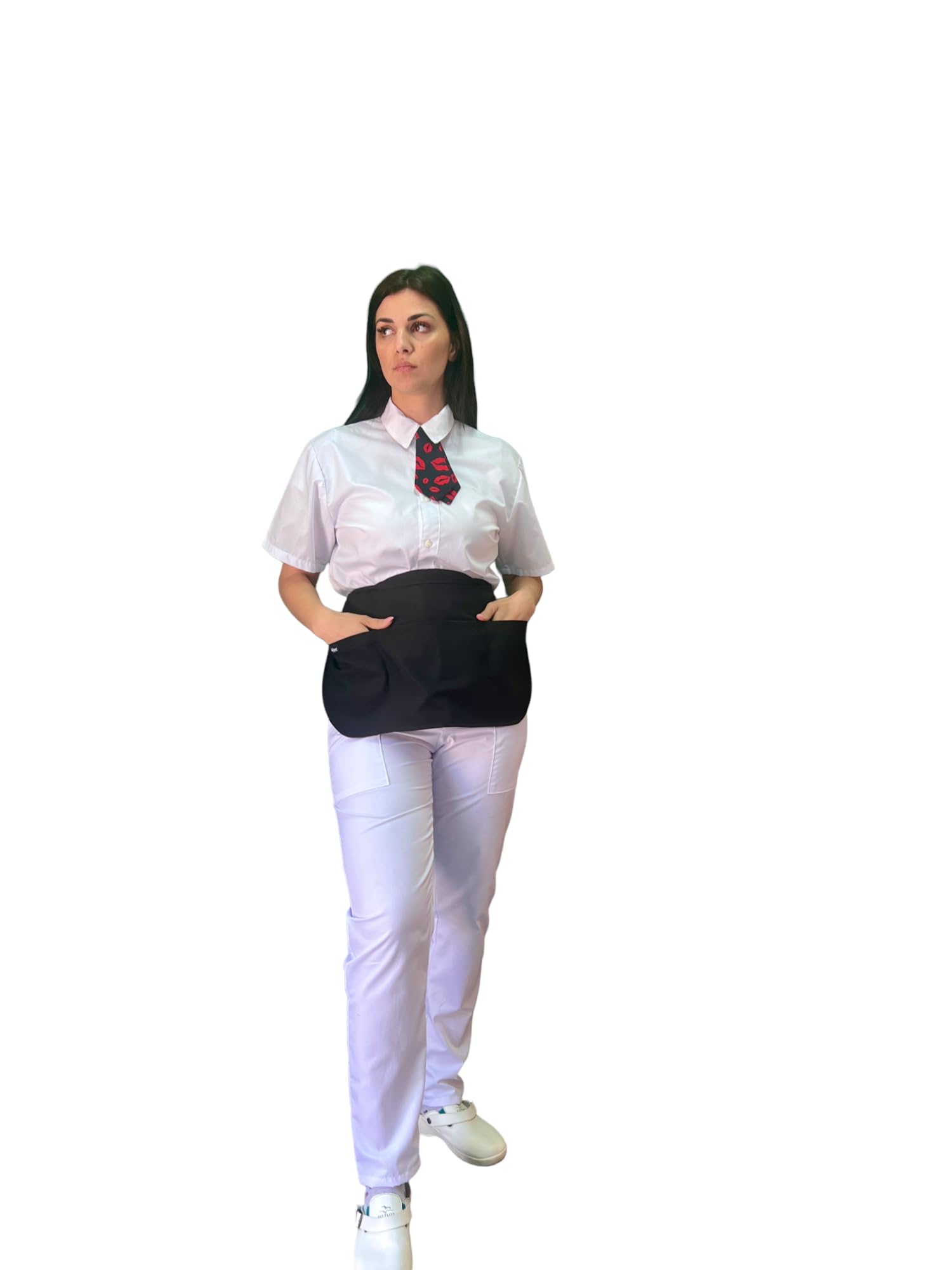 Tablier court de cuisine avec cravate, 10 pièces, broderie gratuite, noir avec fantaisie Kiss pour bar, restaurant, hôtel, barista Lavavaisselle uniforme de travail pour homme, femme, fabriqué en