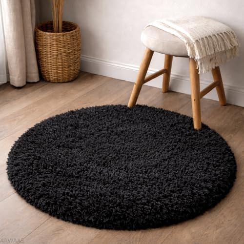 Image of Premium Polyester Shaggy Round Rug - Ultra Soft Fluffy Circle Carpet for Bedroom, Living Room, Kids Room, Anti-Skid Plush Floor Rug - (Black, 3 feet|90cm)