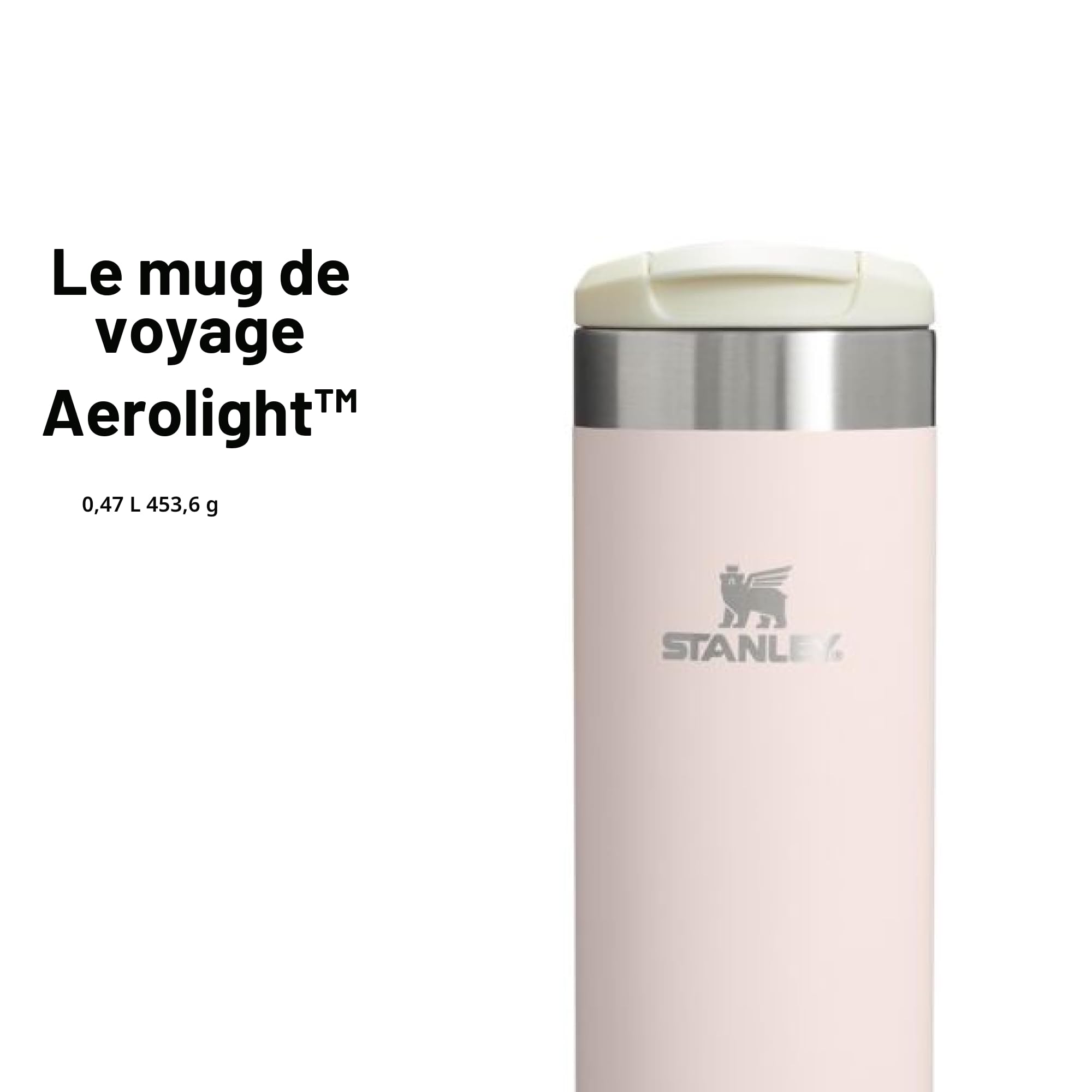 Stanley Aerolight Transit Mug Isotherme Café 0.47L - 6 Heures Chaud - 8 Heures Froid - Couvercle Étanche et Blocable - Thermos - Lavable au Lave-Vaisselle - Rose Quartz