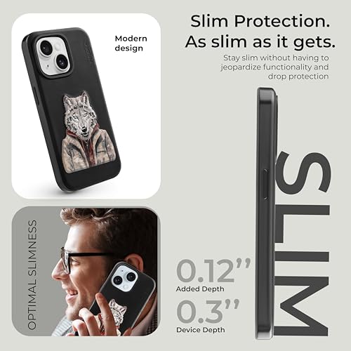 Image of PULOKA - Mobile Cover Compatible for iPhone 15 - Wolf Embroidery - Sleek & Stylish - Protective & Anti Scratch Phone Cover Vegan Leather Back Case - Men & Women - Black