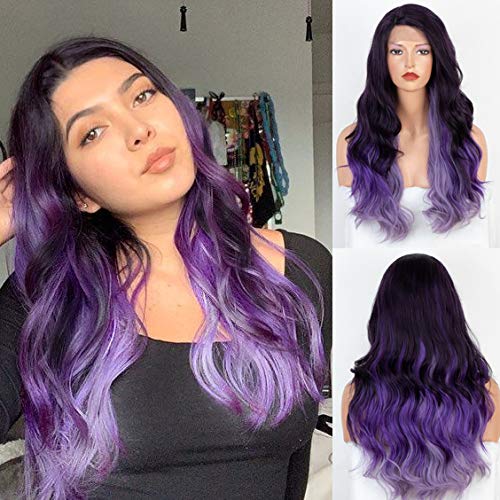 Ombre Purple Lace Front Wig with L Part Glueless Wavy Long Wigs for Women Synthetic Lace Wig with Natural Hairline