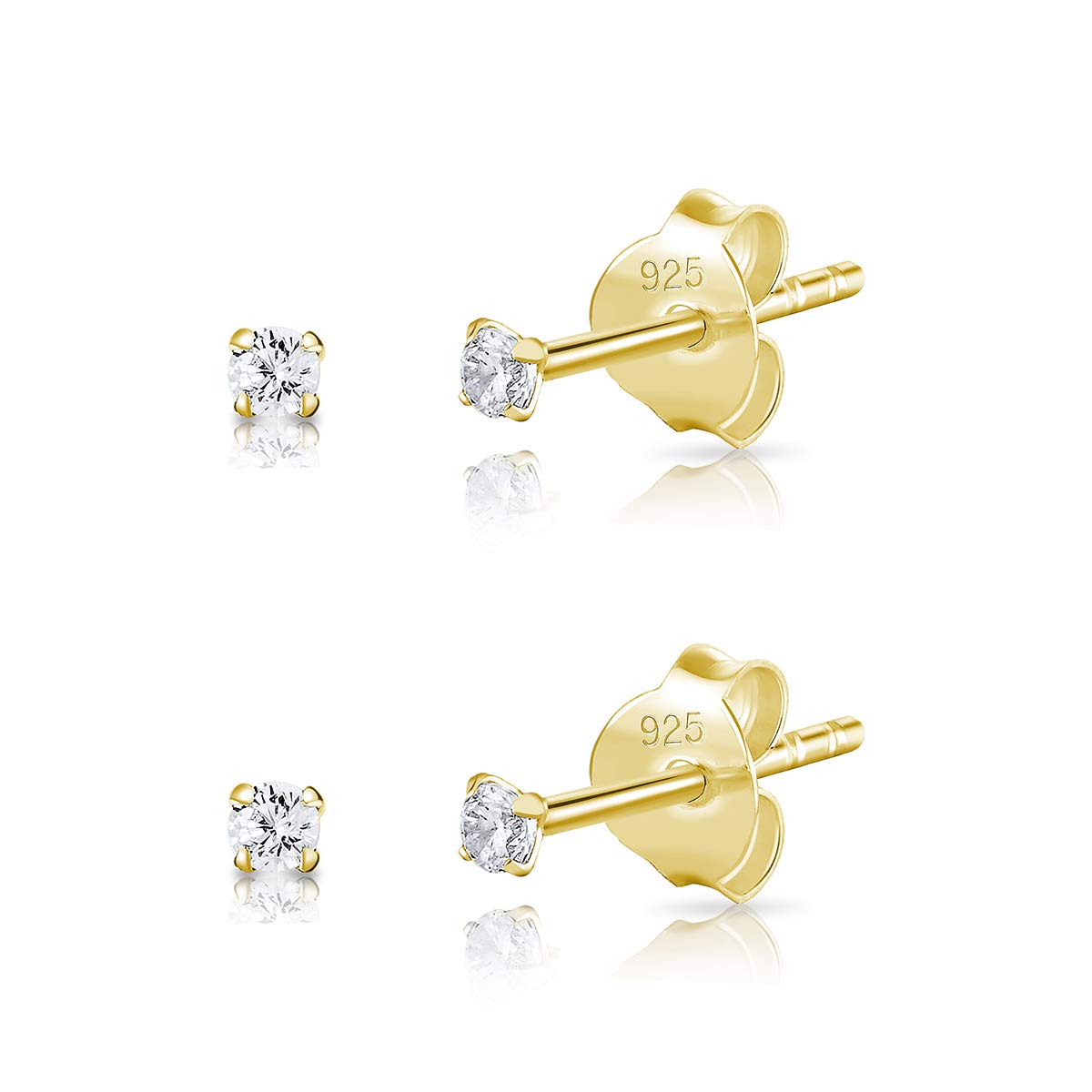 DTPsilver Set of 2 PAIRS of 925 Sterling Silver, 24K Yellow or 18K Rose Gold Plated VERY/TINY Round Stud Earrings with Cubic Zirconia - Diameter: 2, 3 or 4 mm - White/Clear CZ