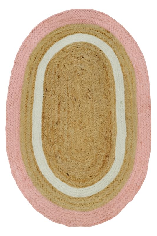 Tapis ovale en fibre naturelle rose, blanc et jute naturelle, 0,9 x 1,5 m, tissé à la main | Décoration d'intérieur rustique et contemporaine | Tapis durable pour chambre à coucher