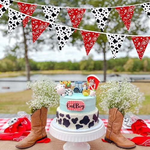 Image of 32Ft Western Cowboy Party Decorations Red Paisley Bandana Pennant Wild West Banner Fabric Triangle Flag Garland Streamers for Western Cowboy Birthday Yee Haw Country Baby Shower Party Decor Supplies