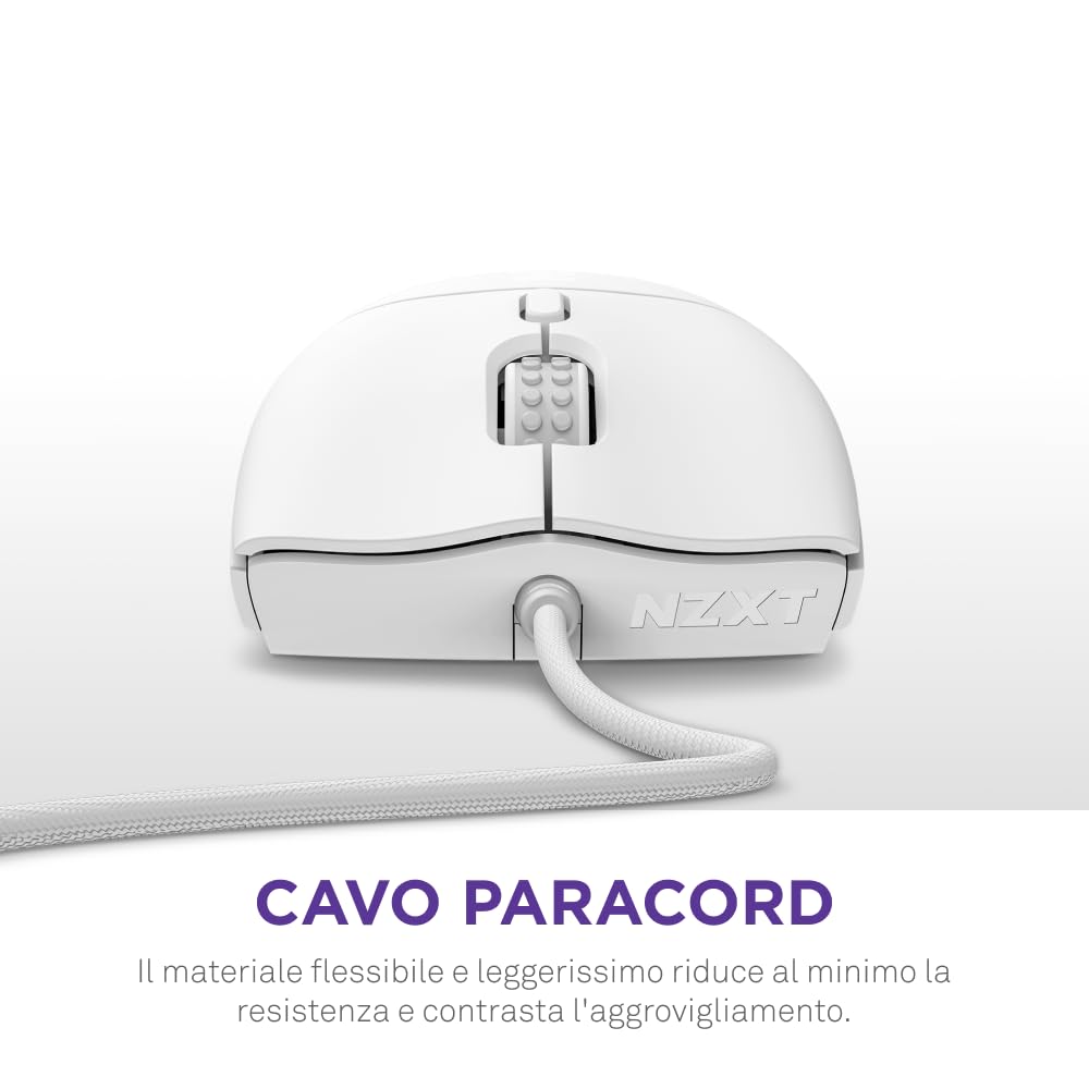 NZXT Lift 2 Symm | Mouse gaming con cavo simmetrico leggero | Design leggero 58 g | Polling rate 8K | Switch ottici | Sensore ottico 26K DPI | Piedini 100% PTFE | Bianco