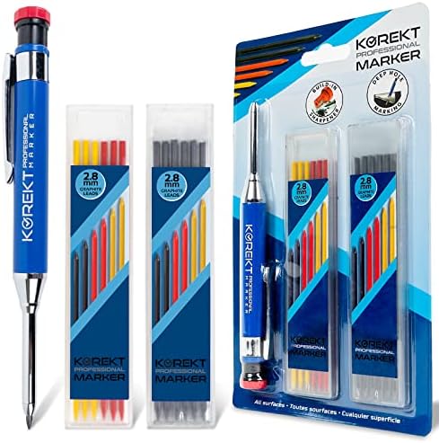 KOREKT Professional Marker, Metal Barrel Mechanical Carpenter Pencil with 12 Refills, Heavy Duty Construction Pencil with Built-in Sharpener, Lead Holder with Long Nose for Deep Hole Marking