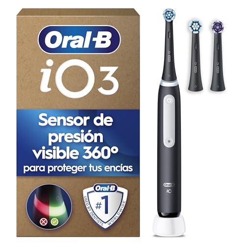 Oral B iO 3 Cepillo de Dientes Eléctrico Negro con 3 Cabezales, 3 Modos De Cepillado Con Blanqueamiento Dental, Sensor De Presión y Temporizador, Diseñado por Braun