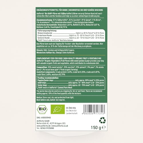 AniForte Barf-Püree - Bio Obst & Gemüse für Hunde 3er Set (3x150 g) - Futter-Topping zum Barfen, natürliche Barf Ergänzung