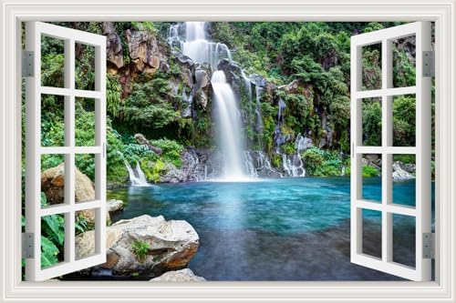 Removable Wall Murals Peel and Stick Waterfall Window Scenes 3D Wall Sticker Vinyl Wallpaper Decorations for Bathroom Home Decor Art Wall Decals for Bedroom Basement Living Room Decor - 32"x48"
