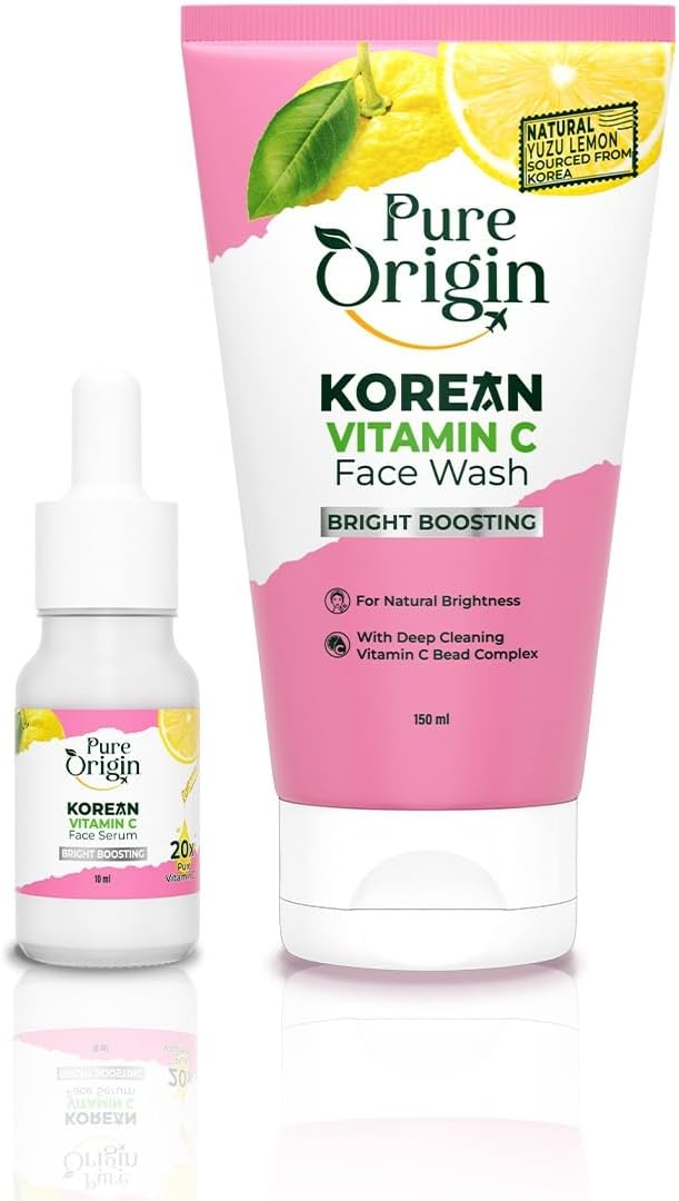 Pure Origin Korean Vitamin C Bright Boosting Face Wash & Serum | Face serum for Brightening & Face cleanser deep cleansing for Brighter, Glowing and soft skin | For women and men | For all skin type |