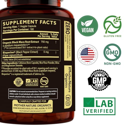 Image of MNO Organic Raw Black Maca 750mg + BioPerine, Energy & Performance, 180ct | Organic Peruvian maca supplement for men with high potency energy, mood & performance support, vegan and non-GMO formula