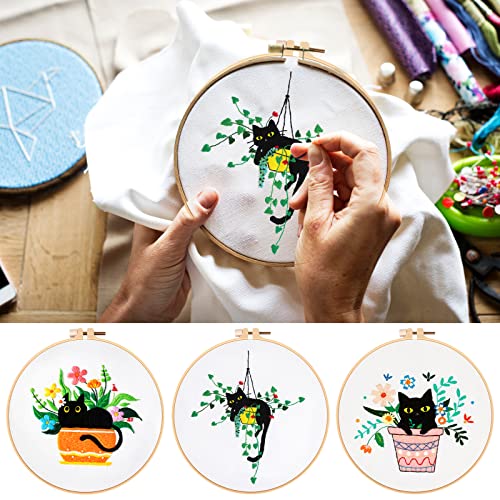 Image of Nuberlic 3 Sets Cute Cat Embroidery Kit for Adults Beginners, Stamped Cross Stitch Starter Kits Include Needlepoint Cloth Hoops Needles Threads and Instruction