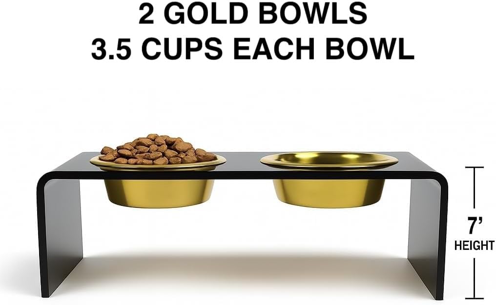 Hiddin Double Elevated Dog Bowl Stand for Small or Medium Dogs, All Breeds, Smoke Grey Acrylic 7 Inch Raised Dog Bowl Stand with Two Gold Bowls for Food and Water - 3.5 Cups Each Dish