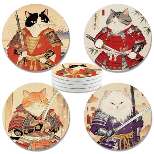 zcyhtqp, Funny Absorbent Round Ceramic Stone Coasters Set of 4 with Cork Base, Ninja Cat Coasters, Cute Cats Drink Coaster for Cats Lovers, Gifts for Home, Bar, Office Table Décor