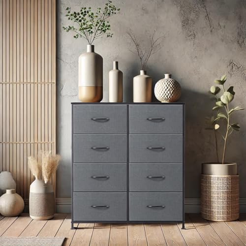 DUMOS Cómoda para Dormitorio con cajones de Tela, Organizador Alto para Ropa, Armario, habitación Infantil, Torre de Almacenamiento con Armario Marco de Metal, Placa de Madera Ligera