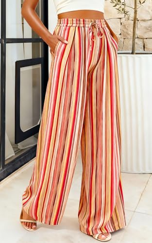 Image of PRETTYGARDEN Womens Pants Elastic Waist Floral Lightweight Palazzo Pants for Women Casual Lounge Wide Leg Pants Woman