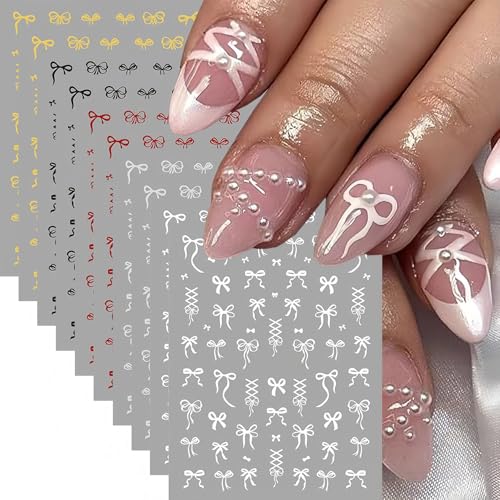 10 Sheets Bow Nail Stickers Valentines Nail Decals 3D Self-Adhesive Red White Gold Silver Bow Nail Art Stickers Design for Nails Salon DIY Supplies for Women Holiday Daily Manicure Decoration