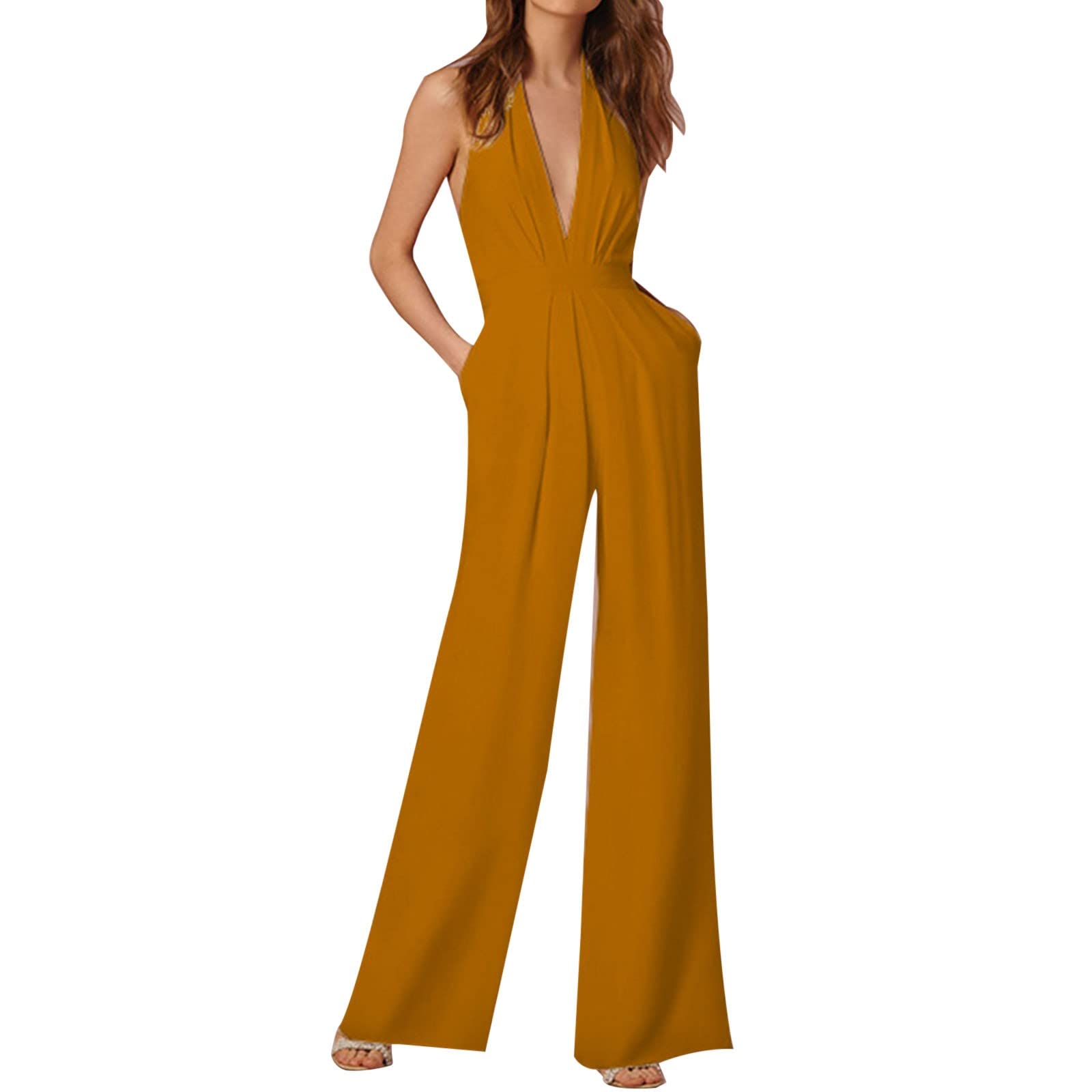IQYU Mono para mujer, elegante, festivo, boda, verano, sin mangas, largo, espalda descubierta, traje de fiesta, talla grande, pierna ancha, mono de verano con purpurina