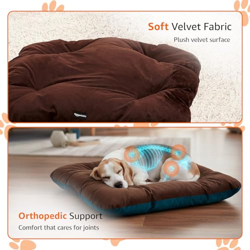 Image of Amazon Basics Pet Bed | Medium| Reversible Premium Velvet Pet Bed for Cats & Small /Medium Dogs (Pug, Beagle, French Bulldog) | Soft & Durable | Coffee & Light Blue | 72 x 72 x 7 cm