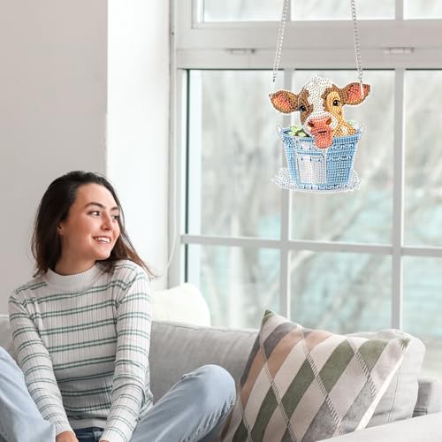 Image of AiYuanzsh Cow in Barrel Diamond Art Hanging Pendant Kit, 5D DIY Acrylic Special Shaped Rhinestone Diamond Painting Ornament for Wall, Door, or Garden Decoration, Handmade Craft Gift for Adults