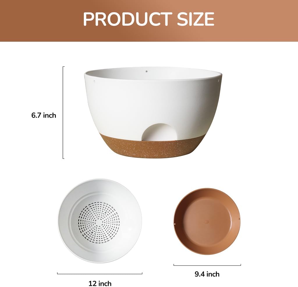 12 Inch Large Self Watering Pots, 2 Pack Plant Pots with Drainage Holes and Saucers, Self Watering Planter for Indoor Outdoor Garden Plants and Flowers (White)