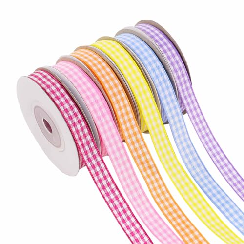 6 Roll Gingham Ribbon for Gift Wrapping 2/5 Inch x 10 Yards Plaid Gingham Ribbons with Polyester Woven Edge Checkered Ribbon for Crafts Hair Bows DIY Accessories Party Decoration (6 Colors)