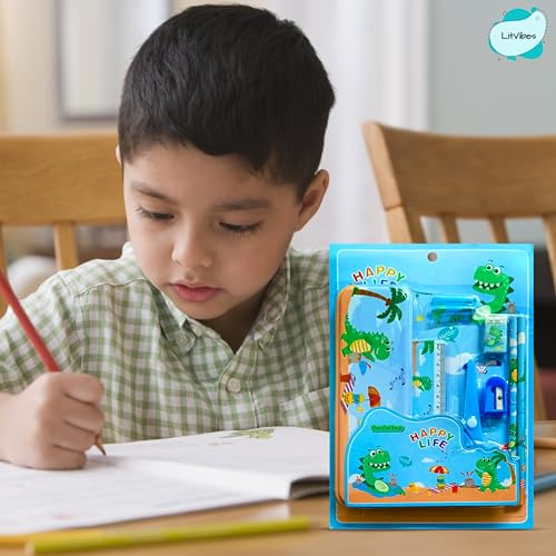 Image of Stationary Set Cute School Kit Good For Birthday Return Gift Educational Supplies For Kids-1*Steel Pencil Box,1*Plastic Scissor,2*Pencils,1*Sharpener,1*Eraser,2*Pencil Caps - Blue Dinasaur