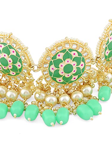 Image of ZAVERI PEARLS Green Meenakari Choker Necklace Earring Maangtikka & Ring Set For Women-ZPFK11606