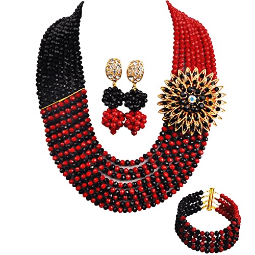 aczuv 8 Rows African Bead Necklace Jewelry Set for Women Nigerian Wedding Bridal Jewelry Sets (Opaque Red Black)