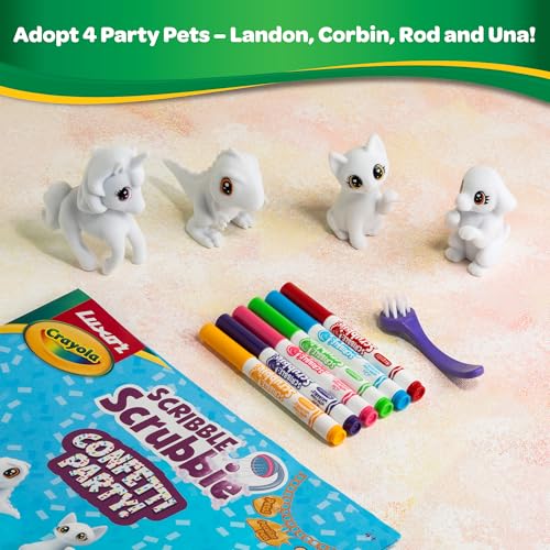 Image of Luxor Crayola Scribble Scrubbie Confetti Party, 4 Washable Pets, 6 Markers & 1 Scrub Brush, Non-Toxic, Gift for Kids