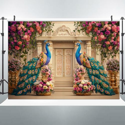 Image of Peacock Floral Palace Backdrop, India Wedding India Ceremony Party Decoration Bridal Shower Photography Decoration Wall Decor Fabric Photography Background 7X5FT