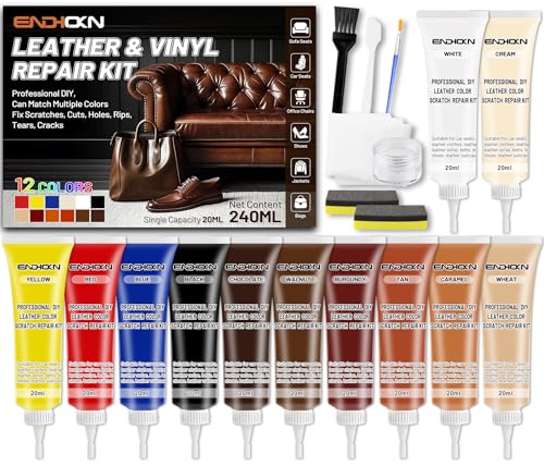 Endhokn Leather Repair Kit, 12 Colors Leather Repair Kit for Couches, Furniture, Car Seats, Sofa, Jacket, Vinyl Restore Kit Fix Scratches Cuts Rips Holes Tears Cracks Color Matchable and Easy to Use