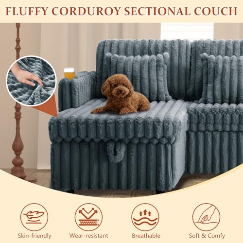 Image of 107'' Sectional Sleeper Sofa with Pull Out Bed, Storage Chaise, Adjustable Backrest, USB Charger, Cup Holder & Side Pocket, Fluffy Soft Corduroy U Shaped Couch for Living Room, Dark Grey