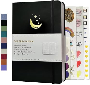 Dot Grid Journal A5 Hardcover Vegan Leather Cover Thick Bright White Paper 160 Pages 160GSM Dotted Diary Journal Notebook MoonBlack