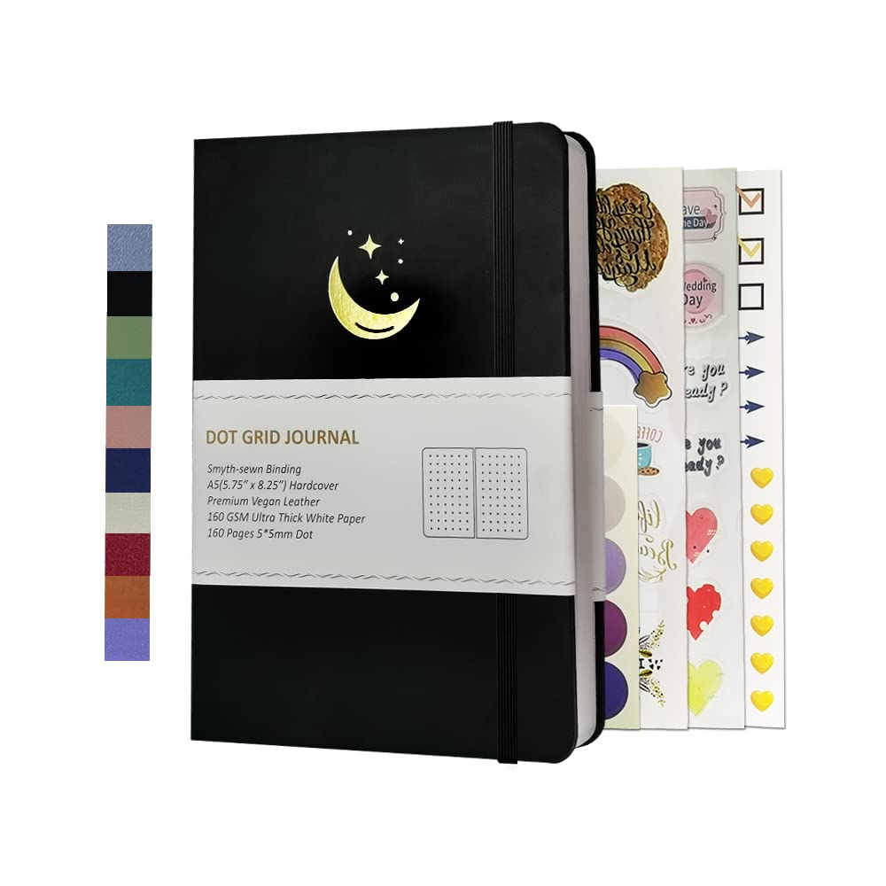 Tagebuch mit Punktraster, A5, Hardcover, veganes Leder, dickes, hellweißes Papier, 160 Seiten, 160 g/m², gepunktetes Tagebuch, Notizbuch, Mond (schwarz)