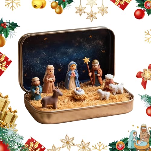 PMDYBY Mini Christmas Nativity Set in a Tin Box Portable Mini Nativity Scene Set Handcrafted Pocket Nativity Scene Gift Tin Perfect for Christmas Decorations and as a Gift for Friends and Family