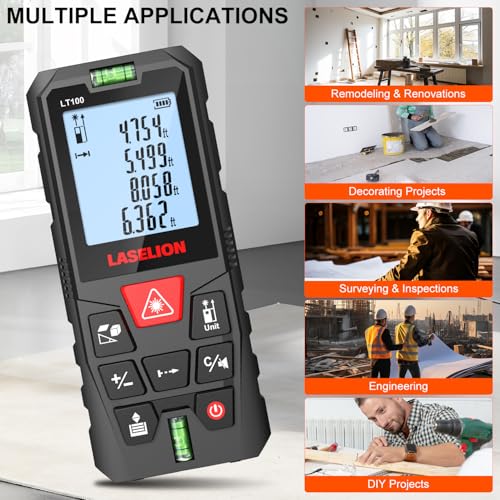 LASELION LT100 Laser Distance Meter – 100m (328t) Range, High Accuracy, Multiple Measurement Modes, Built-in Level Bubble, Handle Laser Distance Measurement Tool,Mute Function (328ft)